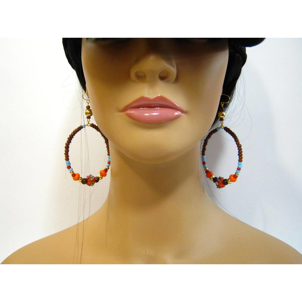 Colorful Lampwork and Glass Beaded Large Mega Hoop Earrings Pierced or Clip On